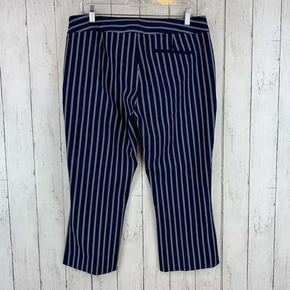 Hugo Boss Navy White Striped Tebella Cropped Bootcut Dress Pant Side Zip Size 8